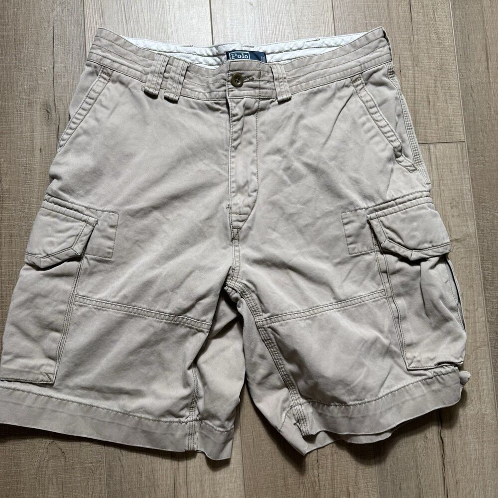 VTG Polo Ralph Lauren Mens 34 Cargo Shorts Beige Brown Army Paratrooper Military